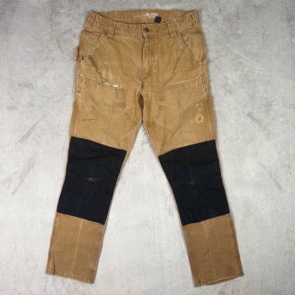 Carhartt Brown/Black Canvas Workwear Pants Reinforced Knees Men 32x30